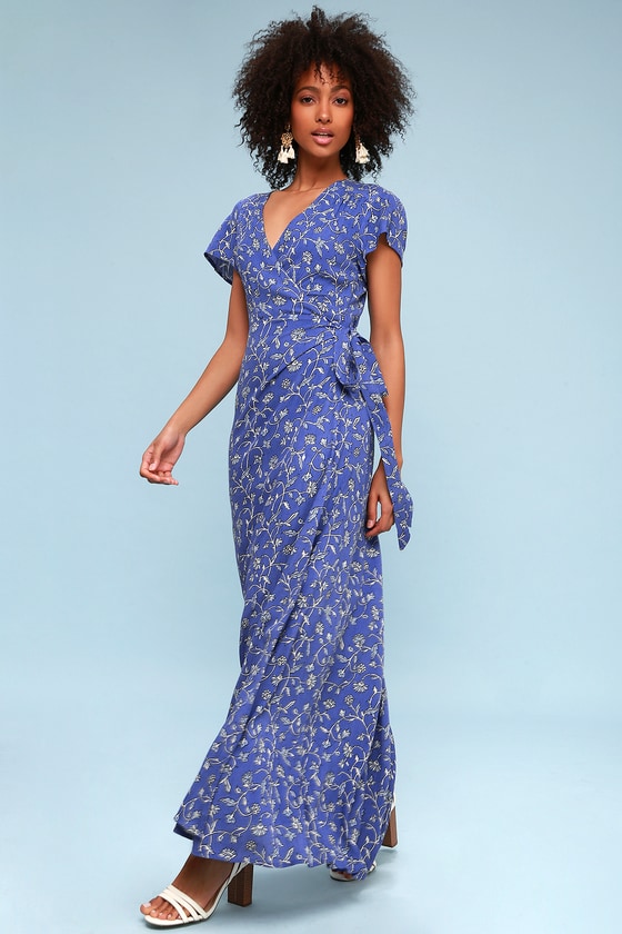 Blue Floral Print Wrap Dress ...